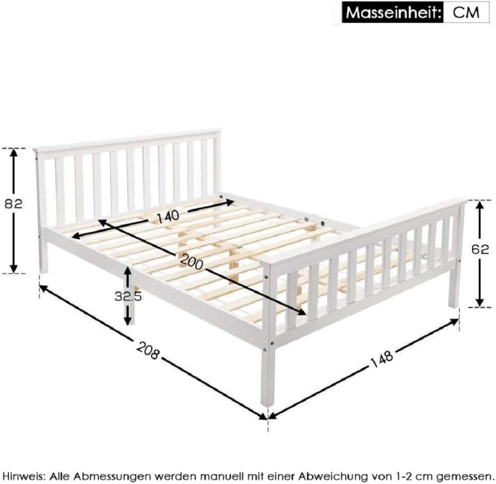 Weißes Massivholz Doppelbett 140x200 cm mit Lattenrost und hohem Kopfteil - Geeignet für Erwachsene, Kinder und Jugendliche – Bild 2