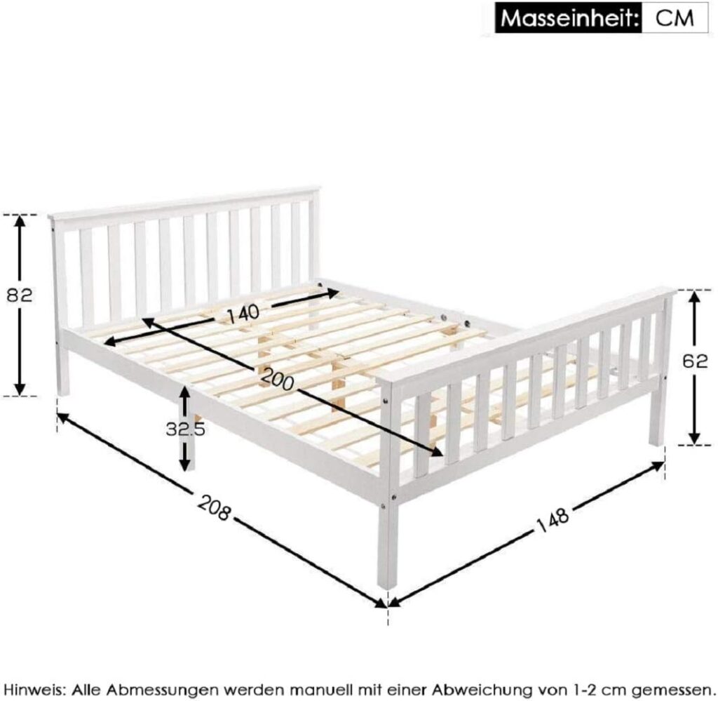 Weißes Massivholz Doppelbett 140×200 cm mit Lattenrost und hohem Kopfteil – Geeignet für Erwachsene, Kinder und Jugendliche