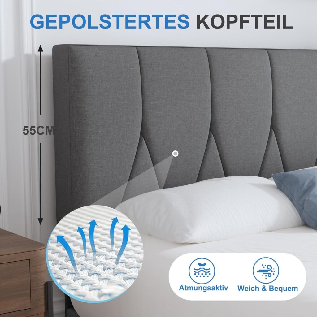 Hellgraues Stoff-Doppelbett (140×200 cm) – Polsterbett mit Kopfteil & Lattenrost – Einfache Montage.