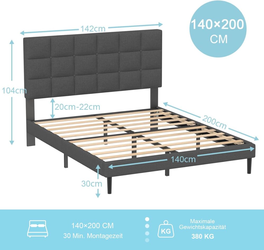 Dunkelgraues Polster-Doppelbett (140x200cm) – Bettrahmen mit Kopfteil & Lattenrost – Bild 2
