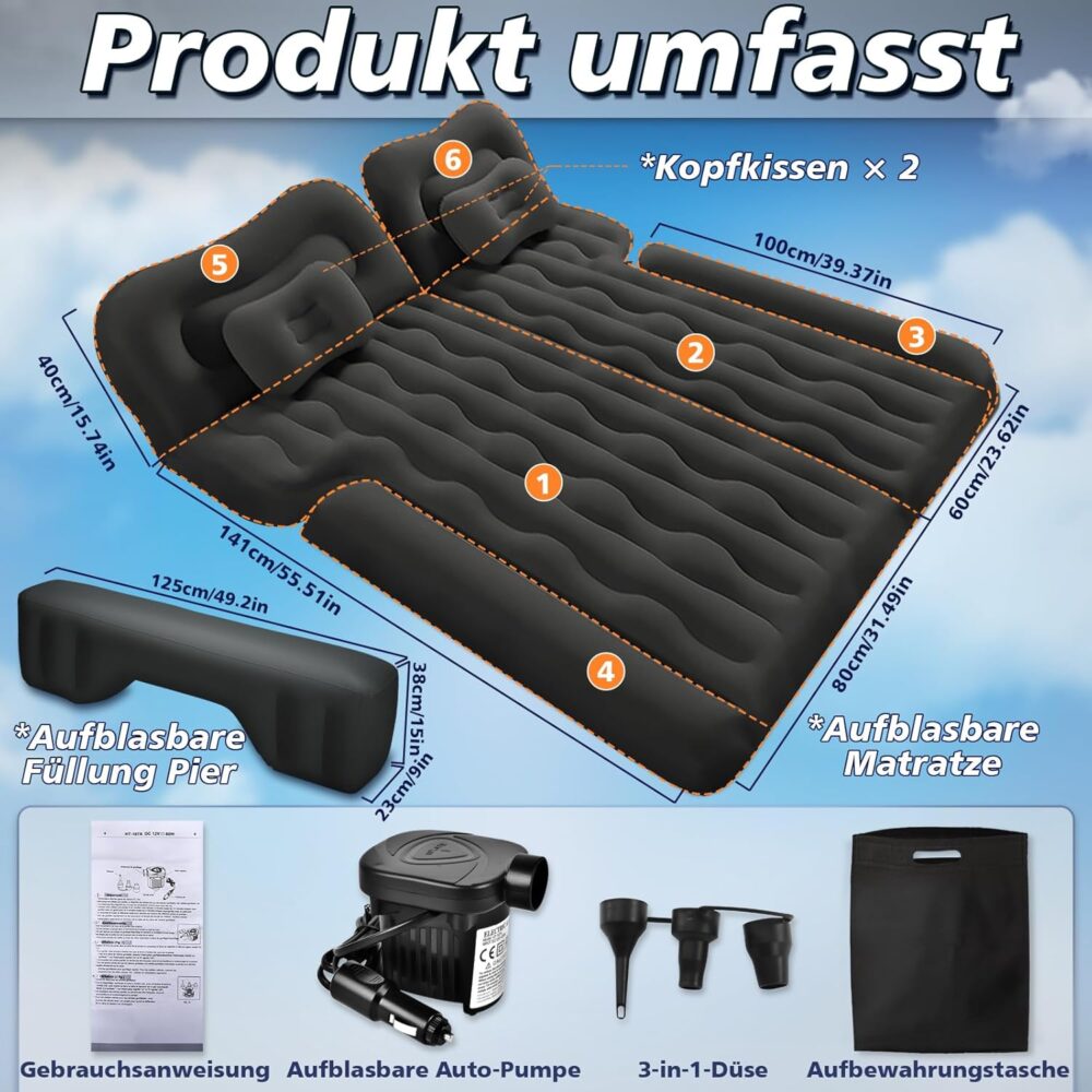 SUV Aufblasbare Matratze: 180x140cm Auto-Luftmatratze für Kofferraum – Inkl. Luftpumpe & 2 Kissen – Bild 2
