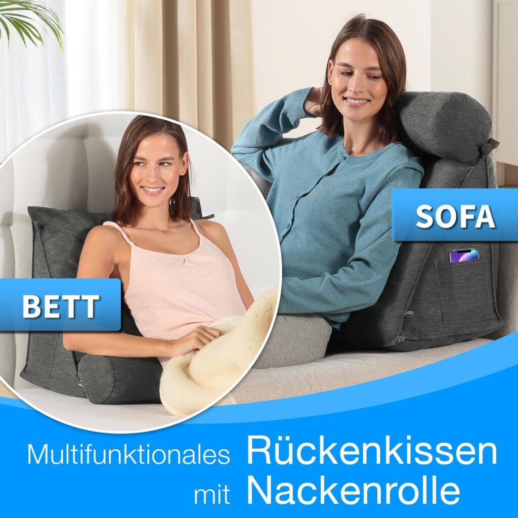 Rückenkissen für Bett/Sofa: Lesekissen mit Abnehmbarer Nackenrolle & Seitentasche – Waschbarer Bezug, Ideal als Rückenlehne