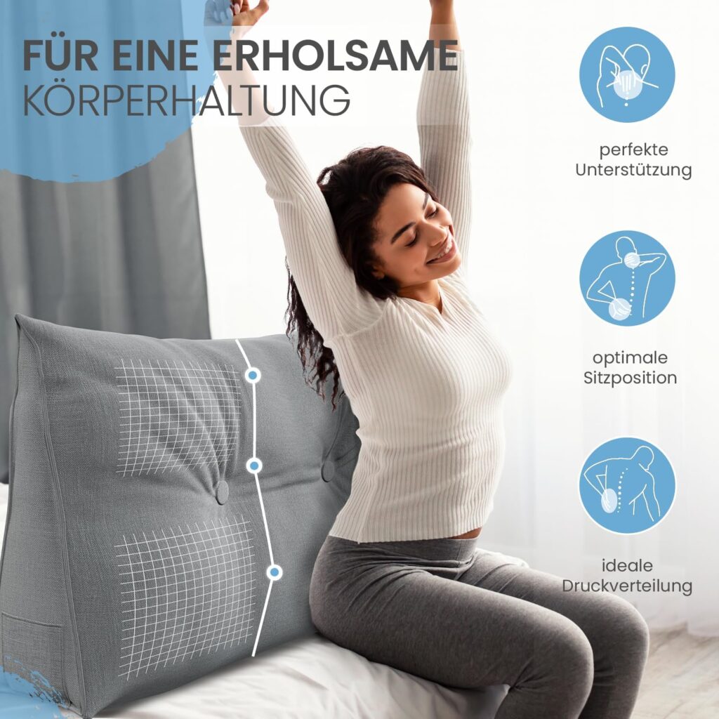 Rückenkissen (90 cm): Dreieckiges Keilkissen für Bett & Sofa – Lesekissen mit Waschbarem Bezug & Seitenfach