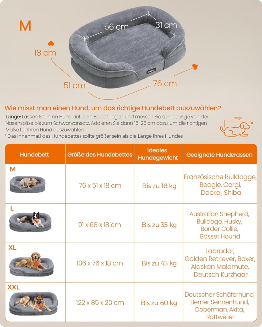 Orthopädisches Hundebett mit wasserdichter Innenschicht, abnehmbarer waschbarer Bezug, rutschfest, für mittelgroße Hunde, 76x51x18 cm, hellgrau – Bild 3