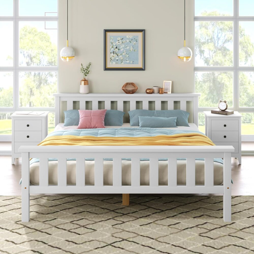 Weißes Massivholz Doppelbett 140x200 cm mit Lattenrost und hohem Kopfteil - Geeignet für Erwachsene, Kinder und Jugendliche – Bild 3