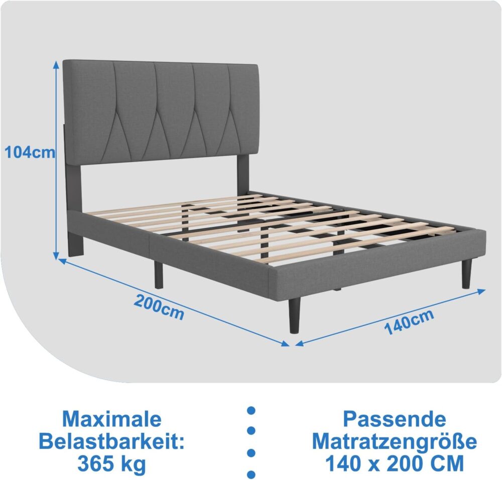 Hellgraues Stoff-Doppelbett (140x200 cm) – Polsterbett mit Kopfteil & Lattenrost – Einfache Montage. – Bild 3