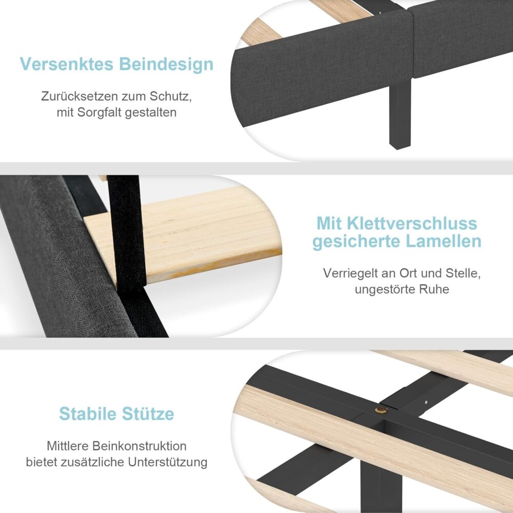 Dunkelgraues Polster-Doppelbett (140x200cm) – Bettrahmen mit Kopfteil & Lattenrost – Bild 3