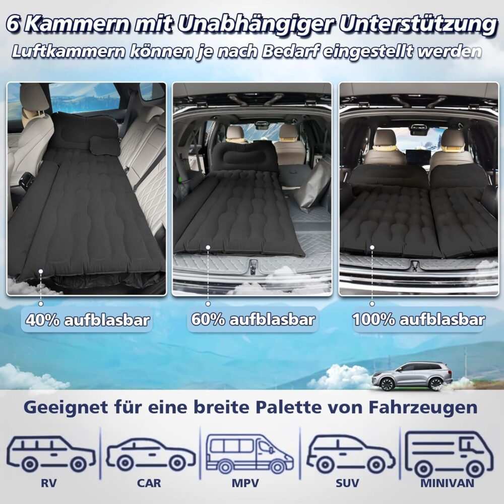 SUV Aufblasbare Matratze: 180x140cm Auto-Luftmatratze für Kofferraum – Inkl. Luftpumpe & 2 Kissen – Bild 3
