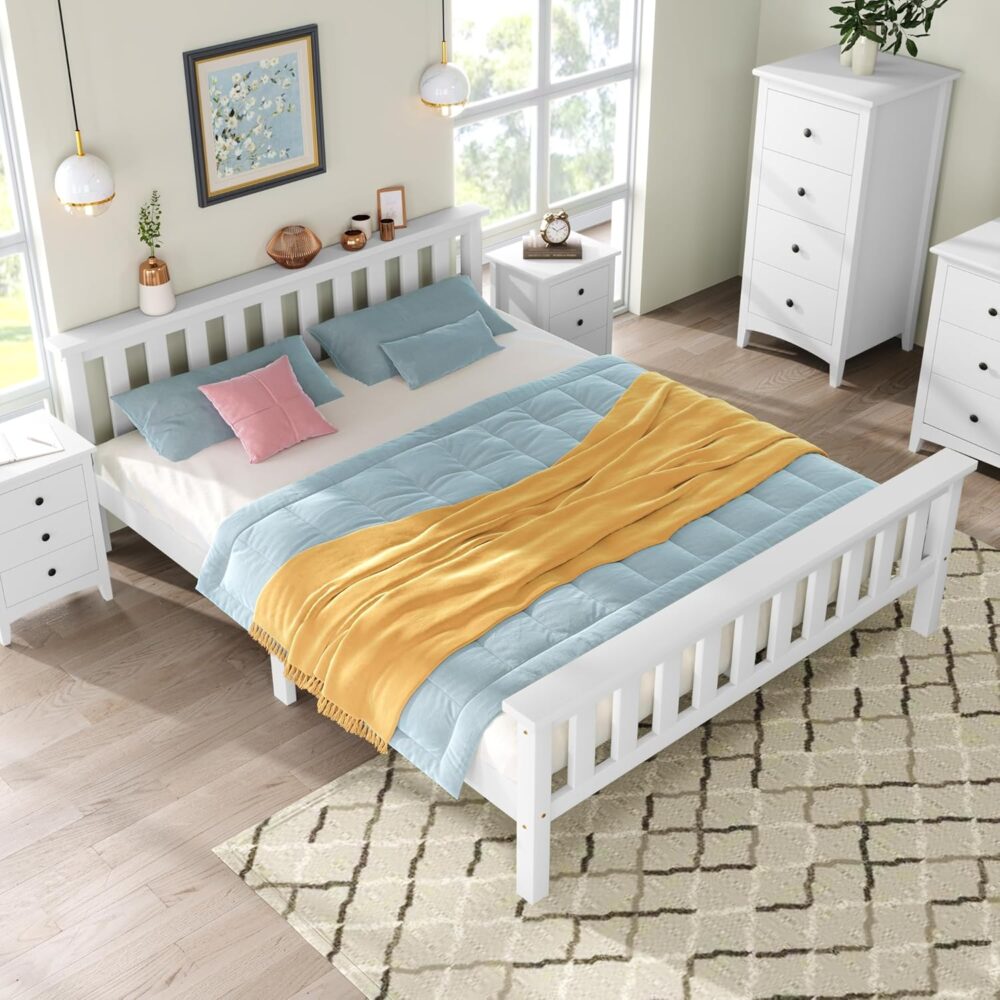 Weißes Massivholz Doppelbett 140x200 cm mit Lattenrost und hohem Kopfteil - Geeignet für Erwachsene, Kinder und Jugendliche – Bild 4