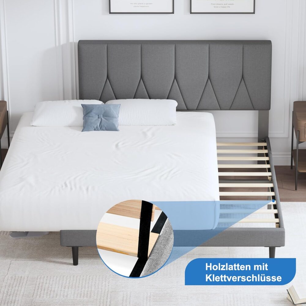 Hellgraues Stoff-Doppelbett (140x200 cm) – Polsterbett mit Kopfteil & Lattenrost – Einfache Montage. – Bild 5