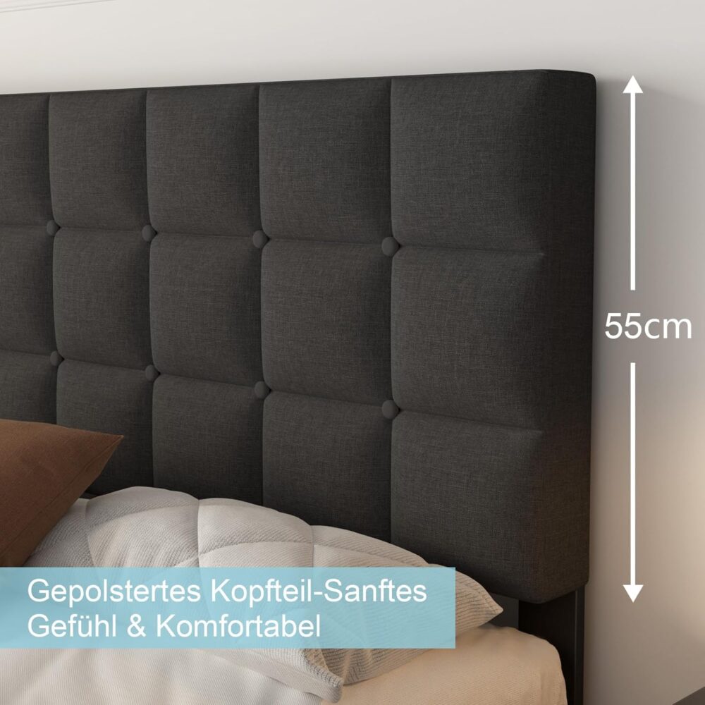 Dunkelgraues Polster-Doppelbett (140x200cm) – Bettrahmen mit Kopfteil & Lattenrost – Bild 5