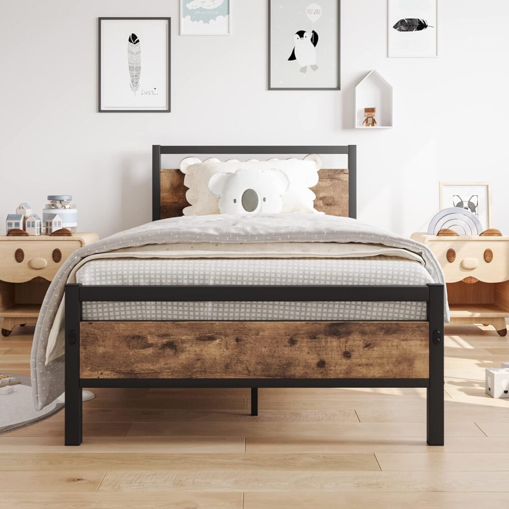 Metallbett 90x200 mit Lattenrost – Vintage Holz-Metall Bettrahmen Braun/Schwarz – Bild 7