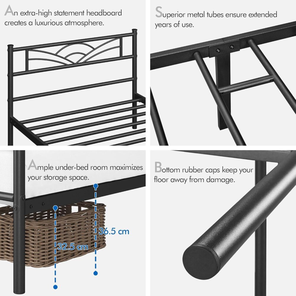 Metallbett 90x190 cm mit Lattenrost – Modernes Bettgestell für Schlafzimmer und Gästezimmer, Schwarzes Metallbett für Jugend- und Gästebett, Robust und Langlebig – Bild 7