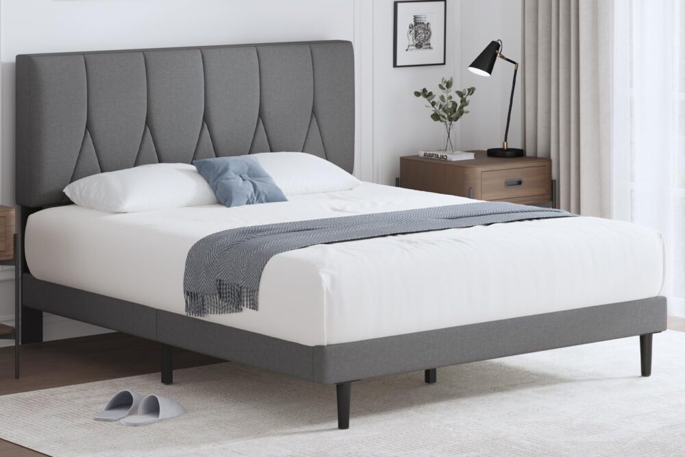 Hellgraues Stoff-Doppelbett (140x200 cm) – Polsterbett mit Kopfteil & Lattenrost – Einfache Montage. – Bild 6