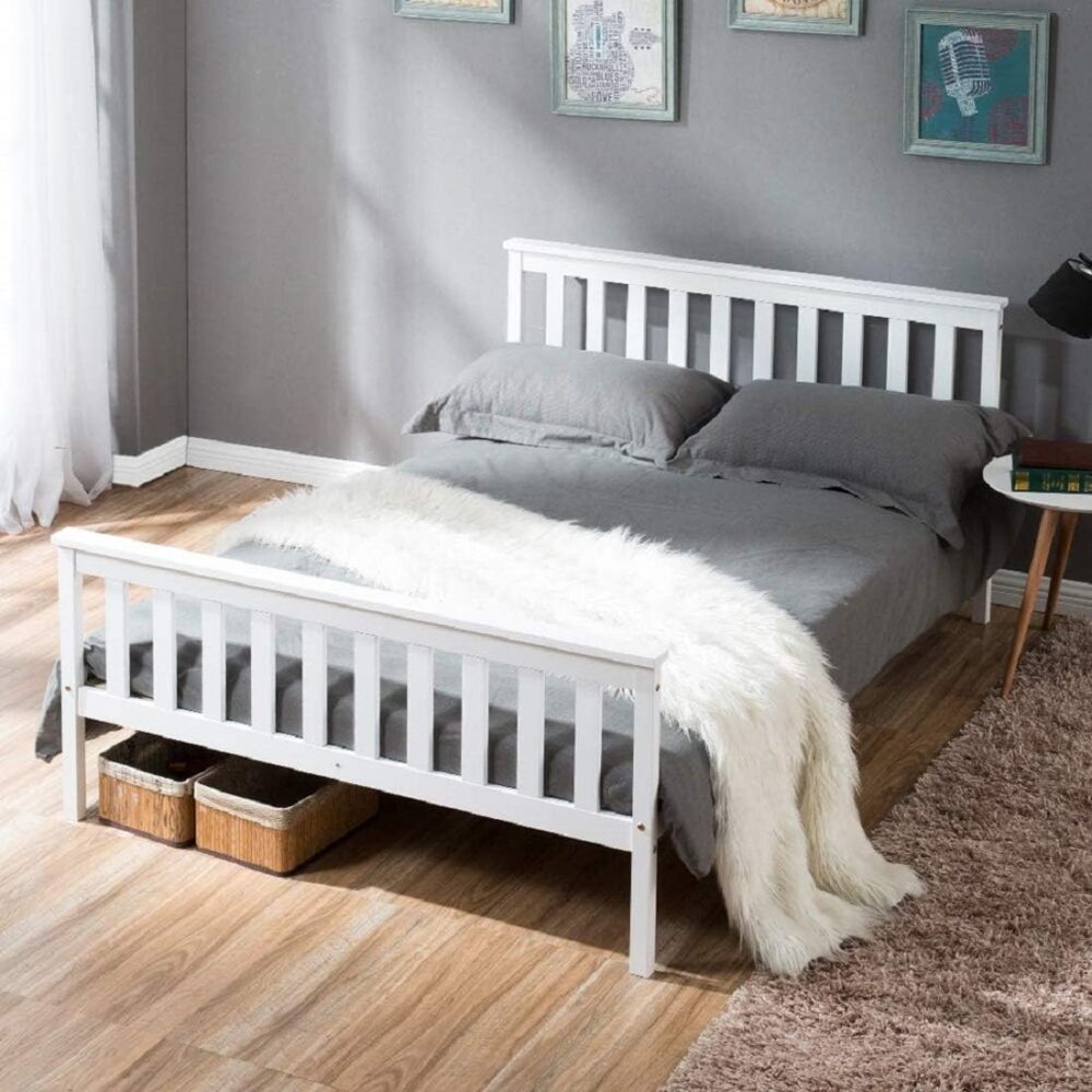 Weißes Massivholz Doppelbett 140x200 cm mit Lattenrost und hohem Kopfteil - Geeignet für Erwachsene, Kinder und Jugendliche – Bild 9