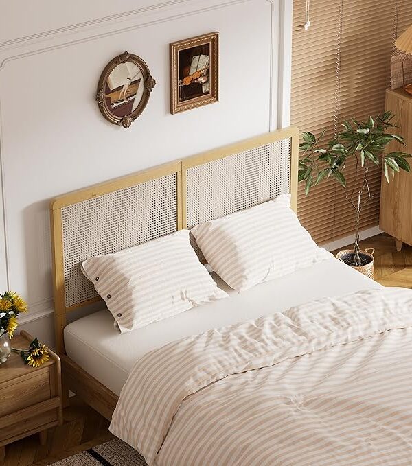 Massivholz & Rattan Kopfteil 140 cm im Boho-Stil