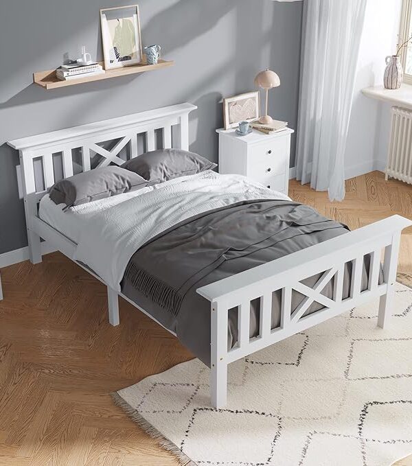 Massivholzbett 90x200 cm, weiß, mit Stauraum, stabil