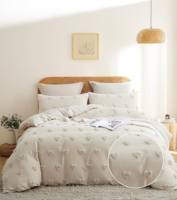 Boho Bettwäsche-Set 200x200 cm – 3-teilig Beige Herz