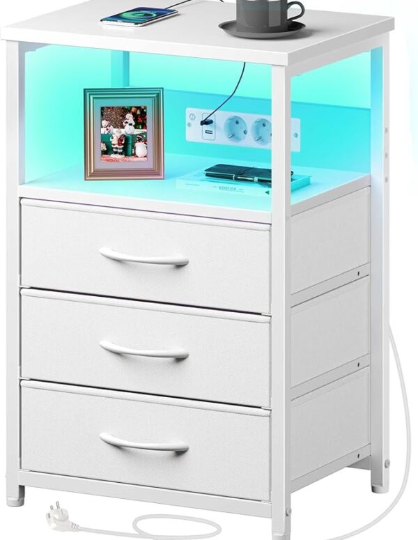 Weißer Nachttisch LED mit USB & 3 Stoffschubladen