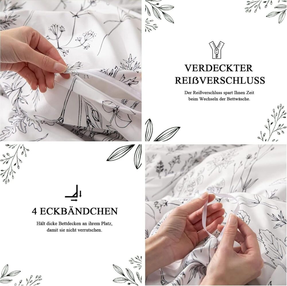 4-teiliges Bettwäsche-Set 135x200 Weiß floral Mikrofaser – Bild 6