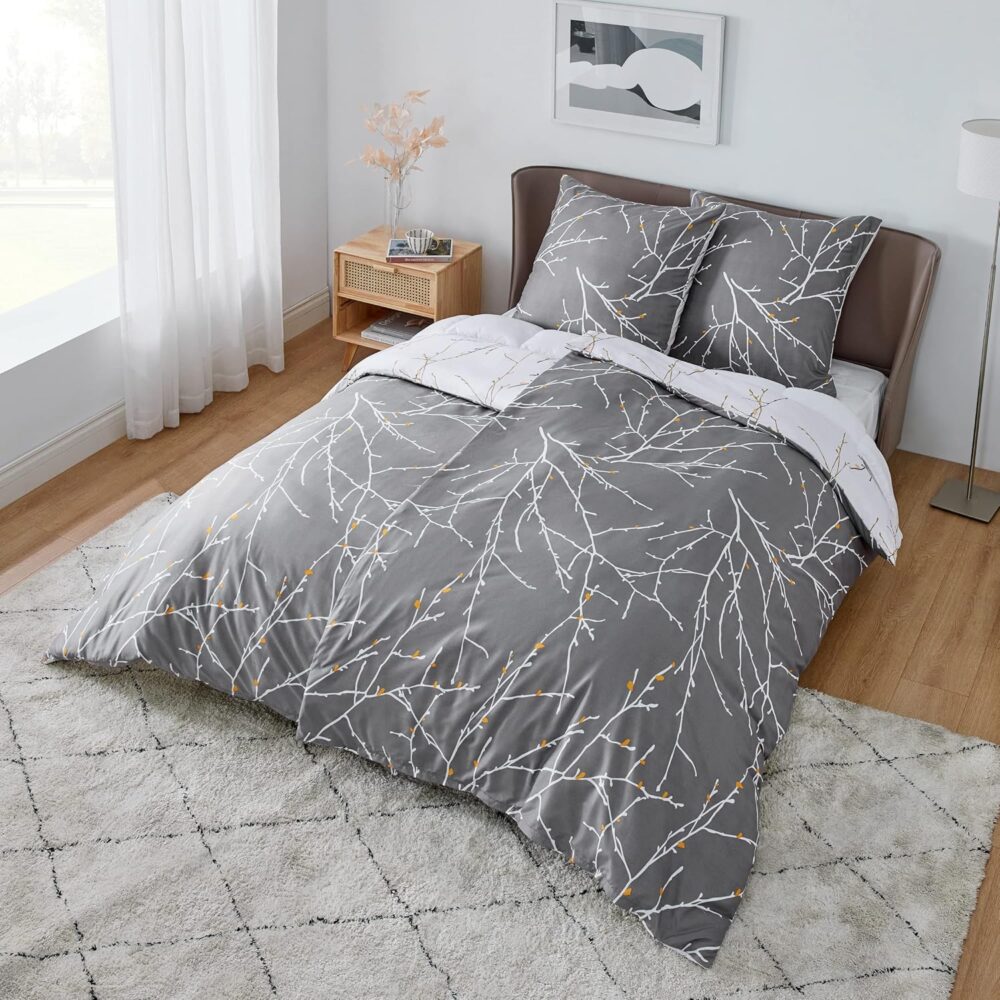 4-teiliges Bettwäsche-Set 135x200 Grau Zweige Mikrofaser – Bild 6