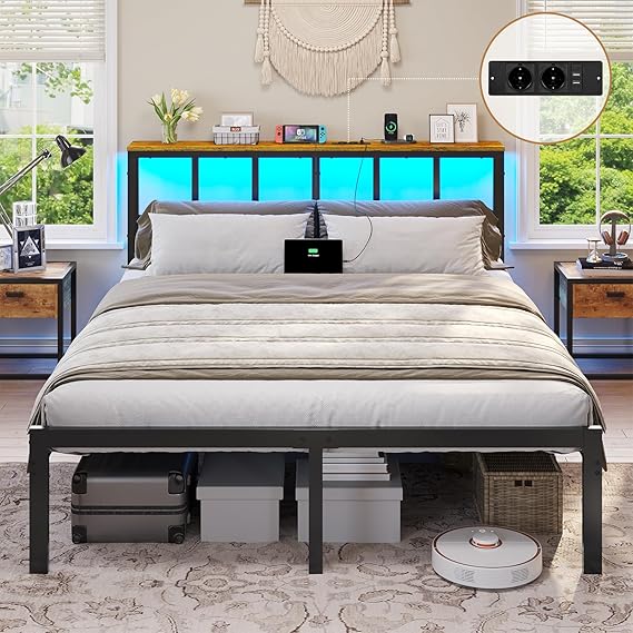 Metallbett 160x200 cm mit LED, Ladestation & Stauraum