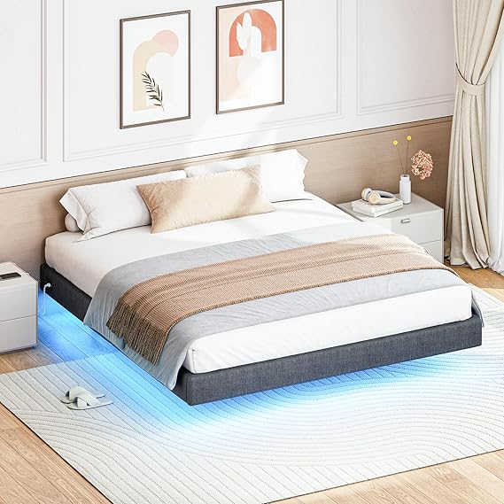 Bett 180x200 cm mit LED & Ladestation, stabil, Dunkelgrau