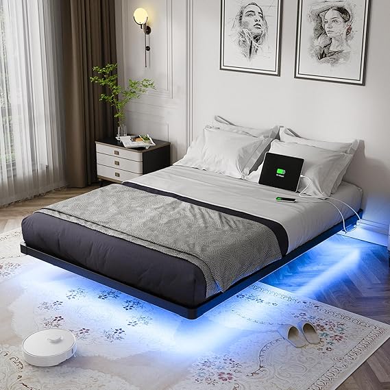 LED Floating Full Bed Frame with Charging Station
