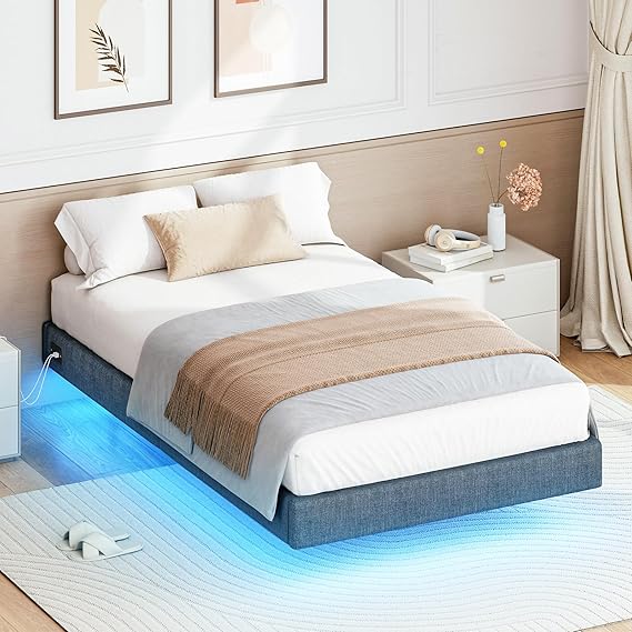 Bett 90x200 cm mit LED & Ladestation, dunkelgrau