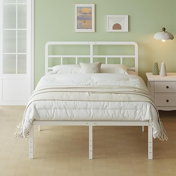 „Metallbett 180×200 cm mit gebogenem Kopfteil, Stabiles Doppelbett 46 cm hoch, Bettgestell mit Stauraum, Geräuschfrei, Einfache Montage, Weiß“