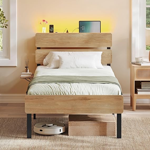 Einzelbettgestell 90×200 cm, Metallrahmen mit LED-Beleuchtung, USB-A & USB-C, Stauraum unter dem Bett, Industrie-Stil, einfache Montage, Naturbraun