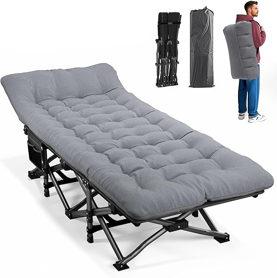 Campingbett klappbar, Feldbett faltbar bis 200 kg, tragbare Campingliege mit Seitentasche, Gästebett für Outdoor, Garten, Reisen & Indoor