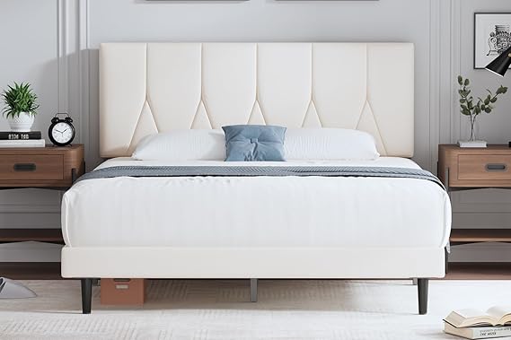Polsterbett 90×200 cm – Bettgestell mit Kopfteil & Lattenrost, Stoffbett Doppelbett, Beige, Einfache Montage