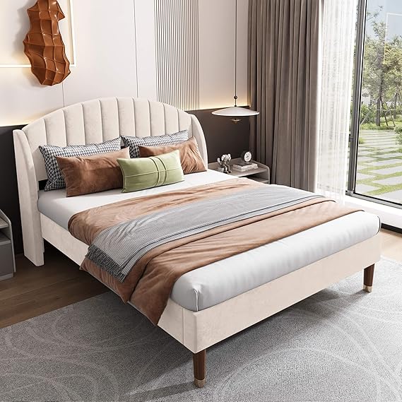 Polsterbett 140×190 cm – Doppelbett mit Lattenrost & Kopfteil, Samt Bettgestell mit Stauraum, Jugendbett ohne Matratze, Beige