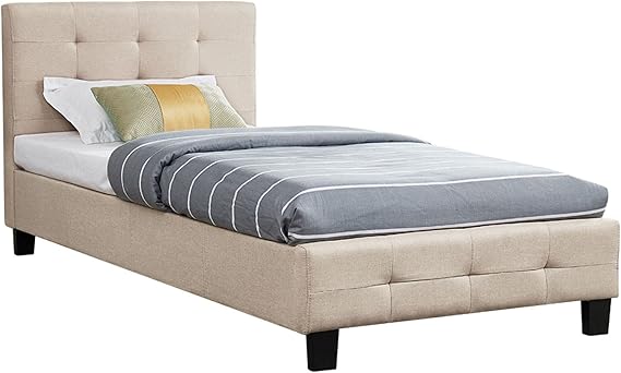 Polsterbett 90×200 cm – Einzelbett mit Lattenrost & Kopfteil, modernes Designbett mit Stoffbezug, Beige