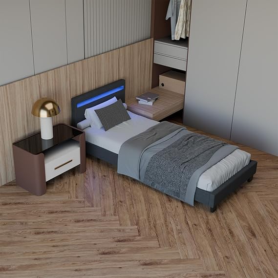 Polsterbett 90x200 cm mit LED, Lattenrost & Stoffbezug