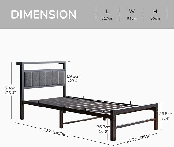 „Metallbett 90×200 cm mit Polsterung, Plattform-Bettgestell mit stabilem Lattenrost, Matratzenbasis, einfache Montage, Dunkelgrau“