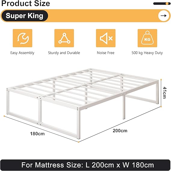„Metallbett 180×200 cm, stabiles Doppelbettgestell mit Stahllatten, 30 cm hoch, weiß, geräuschlos, einfache Montage, kein Boxspring erforderlich“