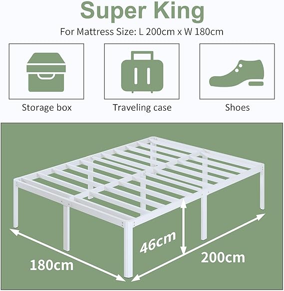 „Metallbett 180×200 cm mit Rundbeinen, Bettgestell mit Lattenrost, Stabil & Geräuschfrei, 46 cm Höhe, Stauraum unter dem Bett, Weiß, Einfacher Aufbau“