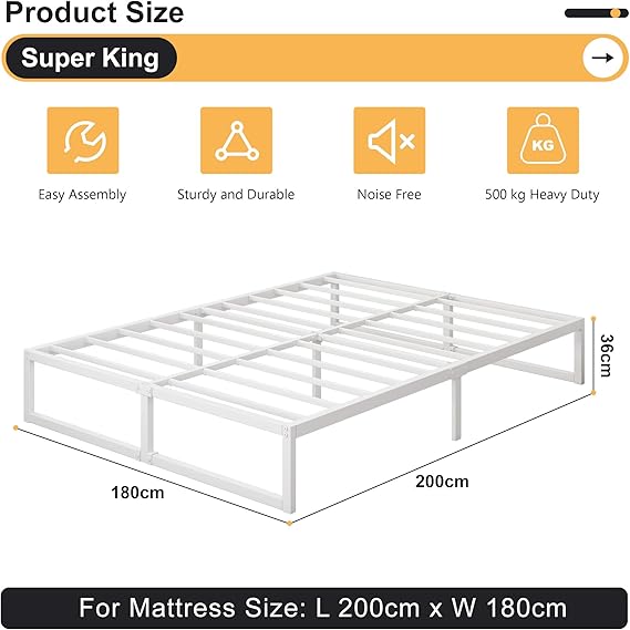 „Metallbett 180×200 cm mit Lattenrost, Stabiles Doppelbett mit 35 cm Höhe, Robuster Bettrahmen, Einfache Montage, Weiß“