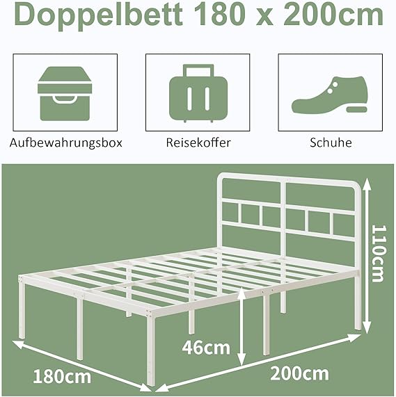 „Metallbett 180×200 cm mit gebogenem Kopfteil, Stabiles Doppelbett 46 cm hoch, Bettgestell mit Stauraum, Geräuschfrei, Einfache Montage, Weiß“