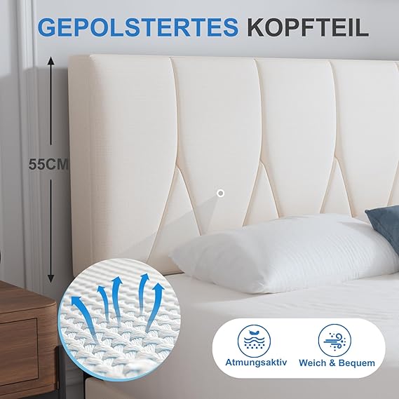 Polsterbett 90×200 cm – Bettgestell mit Kopfteil & Lattenrost, Stoffbett Doppelbett, Beige, Einfache Montage