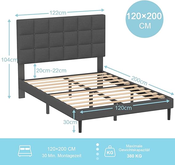 Polsterbett 120×200 cm – Stoffbett mit Kopfteil & Lattenrost, Doppelbettgestell 30 cm hoch, Dunkelgrau