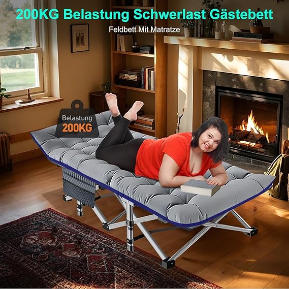 Klappbares Campingbett mit Matratze & Seitentaschen – Gästebett 190x71x36 cm, Faltbares Feldbett bis 200 kg belastbar, Stahlrahmen mit Oxford-Gewebe für Garten, Büro & Camping