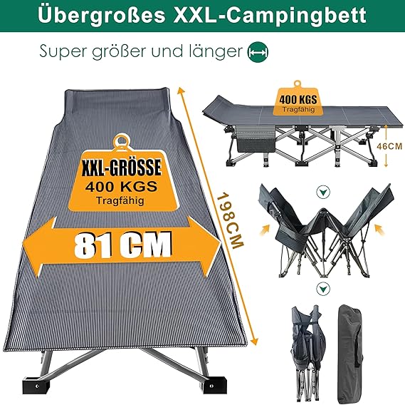 Feldbett klappbar XXL – Campingliege 81 cm breit, faltbares Outdoor-Campingbett mit Isomatte & Matratze, Tragkraft 400 kg, tragbar, Grau