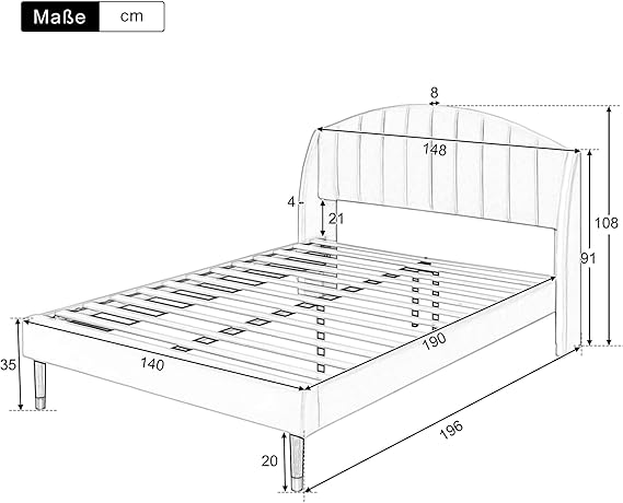 Polsterbett 140×190 cm – Doppelbett mit Lattenrost & Kopfteil, Samt Bettgestell mit Stauraum, Jugendbett ohne Matratze, Beige