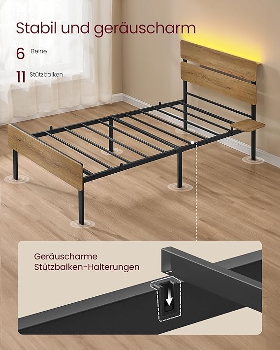 Einzelbettgestell 90×200 cm, Metallrahmen mit LED-Beleuchtung, USB-A & USB-C, Stauraum unter dem Bett, Industrie-Stil, einfache Montage, Naturbraun