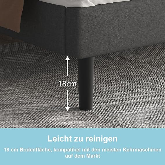 Polsterbett 180×200 cm, Doppelbettgestell mit Kopfteil & Lattenrost, stabiles Bettgestell 30 cm hoch, modern, dunkelgrau
