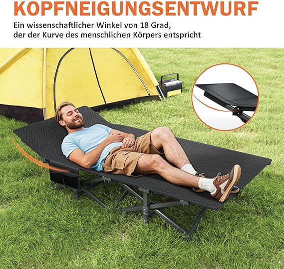 Campingbett klappbar, Feldbett faltbar bis 200 kg, tragbare Campingliege mit Seitentasche, Gästebett für Outdoor, Garten, Reisen & Indoor