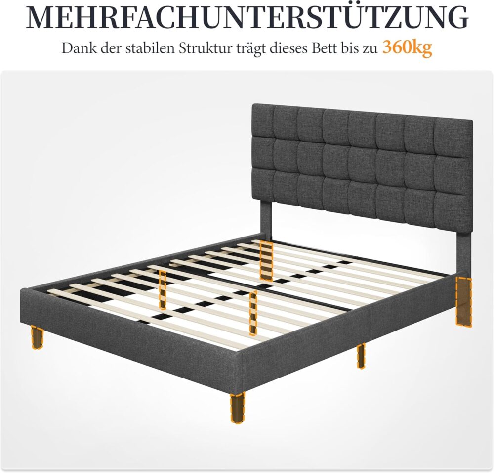 Polsterbett 160x200 cm mit verstellbarem Kopfteil, Grau – Bild 7